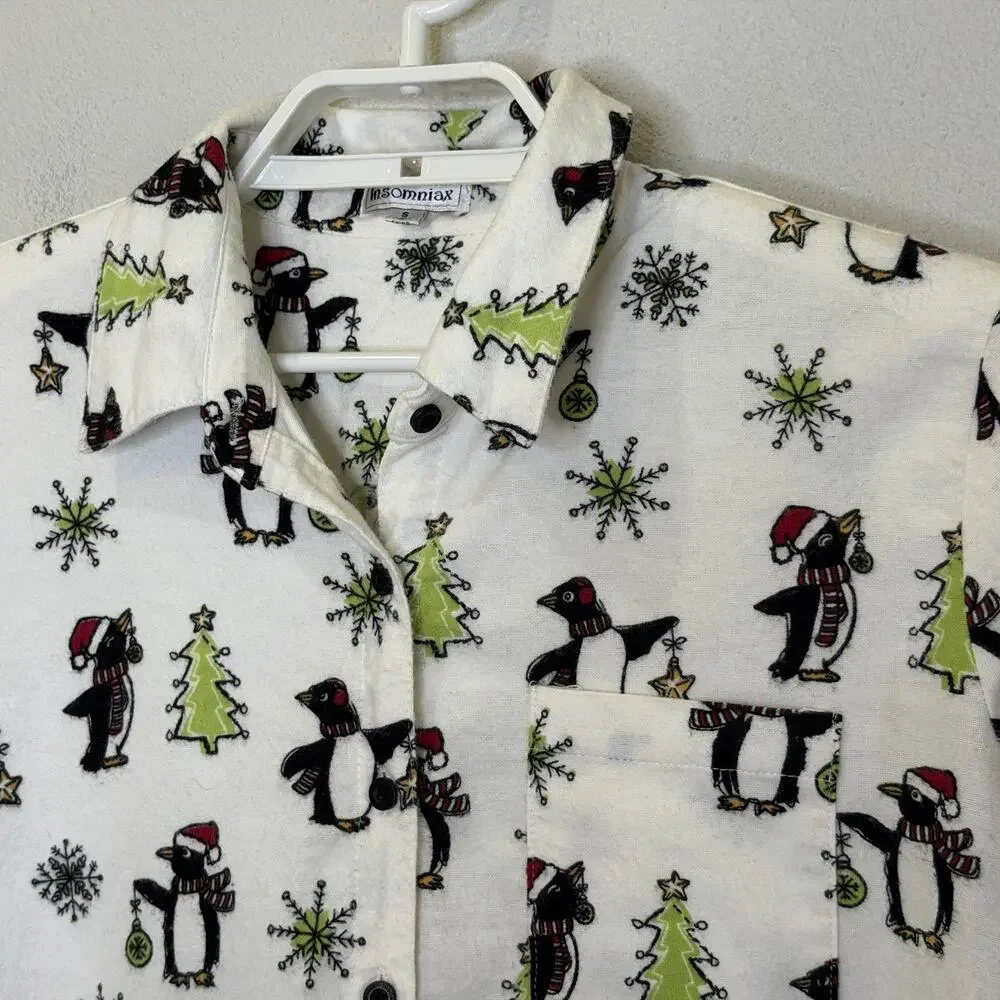 Insomniax Flannel‎ Christmas Print Sleep Shirt Womens Size Small Penguins Trees